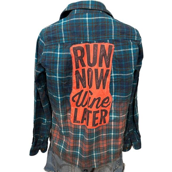 Run Now Wine Later Flannel Plaid Shirt SMALL Shacket Oversize Unique Upcycled - Picture 1 of 6